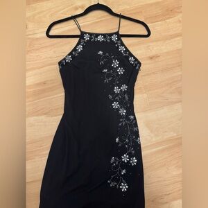 90s Black Evening Prom Dress De Laru High Neck Backless Strappy Beaded Size 3/4